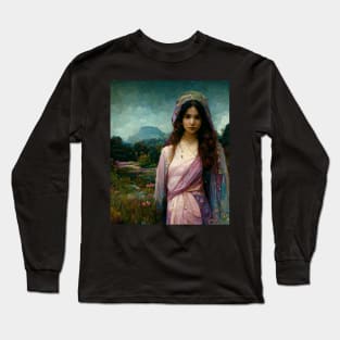 Mary Magdalene, Beautiful Woman, Silk Clothes, Surrounded by a Lush Natural Landscape, Pastel Colors, Mystic, Fantasy, Highly Detailed, Fineart Long Sleeve T-Shirt